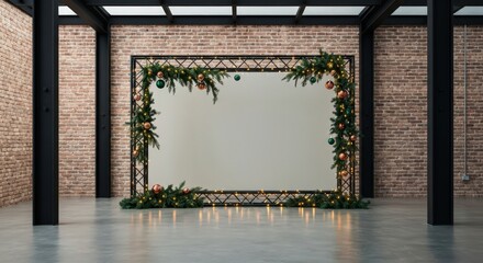 Christmas decorated frame in industrial space with brick walls and concrete floor display backdrop