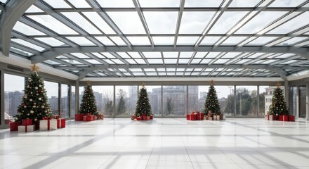 Christmas trees and gifts in a modern atrium with glass ceiling and city view during the holiday season
