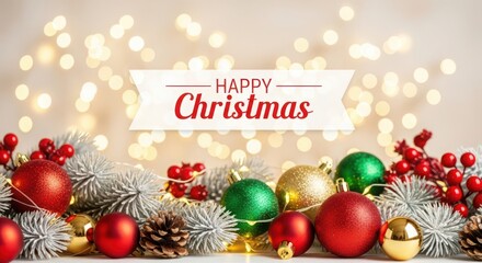 Happy christmas banner with festive ornaments and bokeh lights