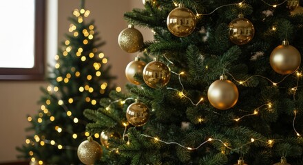 Two christmas trees decorated with golden ornaments and lights in a cozy interior setting indoors near window