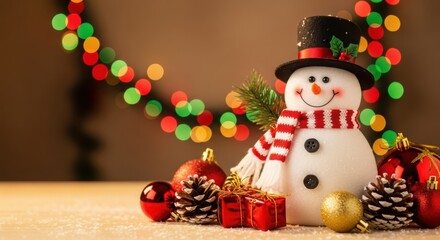 Festive snowman with red scarf and christmas decorations against bokeh lights