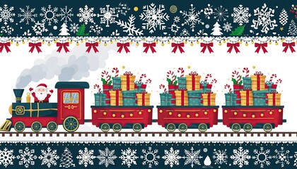 Christmas Train with Santa Claus and Presents, Festive Holiday Illustration.