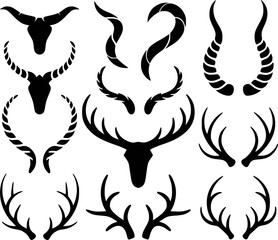 Collection of Black Silhouette Antlers and Horns on White Background