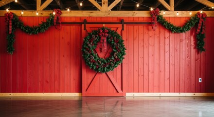 Red wooden barn door adorned with christmas wreath and garland hanging on the wall indoors view