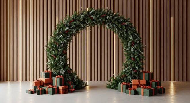 Festive christmas arch with gifts against a wood panel wall and soft lighting in a modern setting - Powered by Adobe