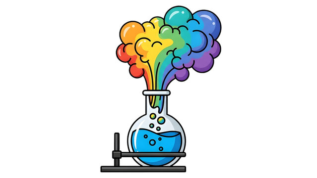 Colorful cartoon chemistry flask with rainbow smoke explosion in cute flat illustration style for science education creativity and innovation concept