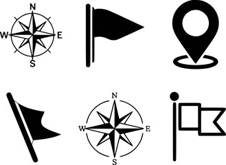 Collection of Navigation and Location Icons: Compass, Flags, and Map Pin