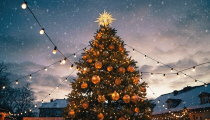 Festive Christmas Tree Illuminated Under a Snowy Evening Sky.