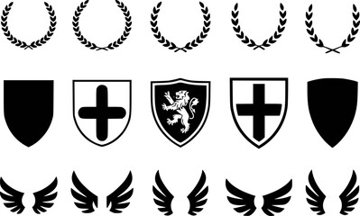 Collection of heraldic symbols: laurel wreaths, shields, and wings