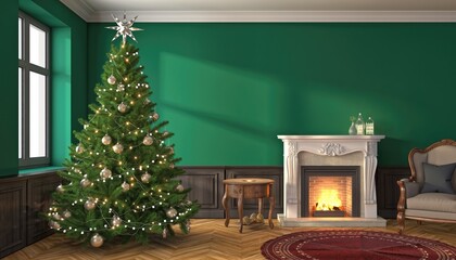 Festive Christmas Room with Decorated Tree and Fireplace.