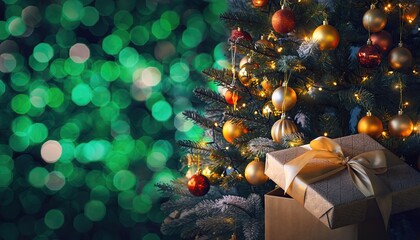 Festive Christmas Tree with Presents and Bokeh Background.