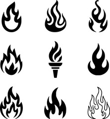 Collection of nine black and white flame and torch icons on a white background