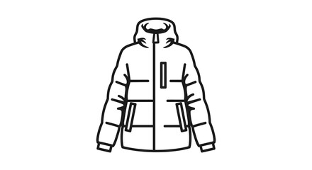 A black and white outline of a hooded winter jacket displayed against a white background silhouette
