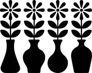 Four Black Silhouette Flowers in Vases with Simple Petals and Leaves