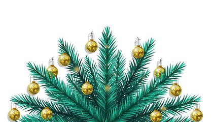Christmas Tree with Golden Ornaments on White Background.