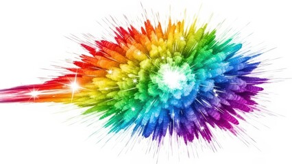A vibrant explosion of rainbow colored powder bursting outwards from a central light source.