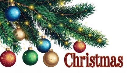 Festive Christmas Tree Branch Adorned with Colorful Ornaments and Lights.