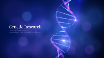 Naklejka na ściany i meble Futuristic DNA strand made of glowing particles. Concept of genetic engineering biotechnology and digital science data. Genomic sequence medical research background. AI tech Innovation vector backdrop