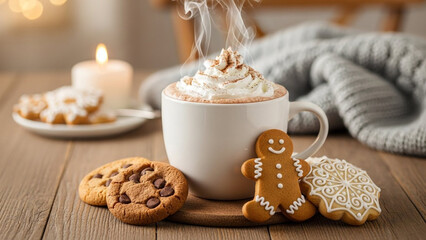 Cozy winter scene with steaming hot chocolate topped with whipped cream, festive gingerbread and sugar cookies, chocolate chip biscuits, and a glowing candle on a rustic wooden table.