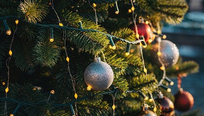 Christmas Tree Ornaments and Lights Festive Holiday Season.