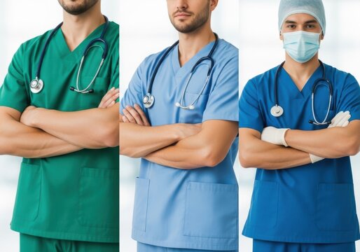 Medical professionals in scrubs with stethoscopes, diverse options