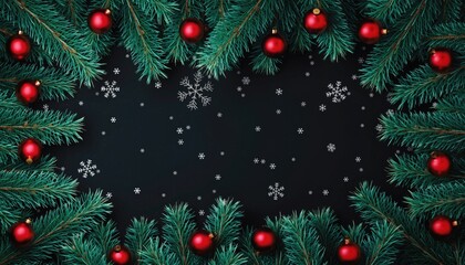 Christmas Holiday Background with Red Ornaments and Green Pine Branches.