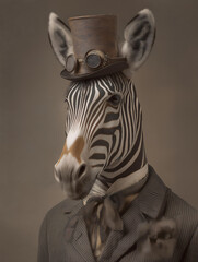 Fototapeta premium Steampunk Zebra in Top Hat: Whimsical Animal Portrait in Sartorial Whimsy and Striped Elegance