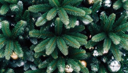Close-up of a lush green Christmas tree with ornaments.