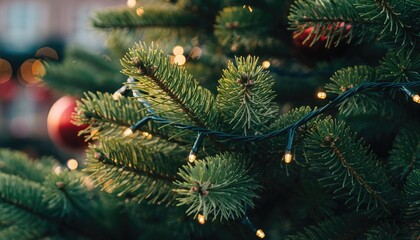 Close-up of a Christmas tree with lights and ornaments.