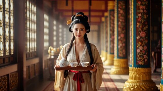 A woman in traditional attire serves tea in a colorful, beautifully decorated palace