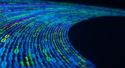 Flowing binary code pattern in vibrant colors on dark background  