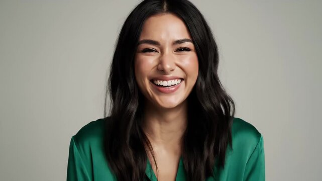 Joyful Woman Laughing Wearing a Green Satin Blouse Against a Neutral Studio Background with Soft Lighting