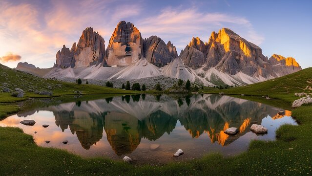 Scenic view of a beautiful mountain landscape with sunrise over the lake, showing a reflection of the snow-capped peak and dramatic clouds - Powered by Adobe