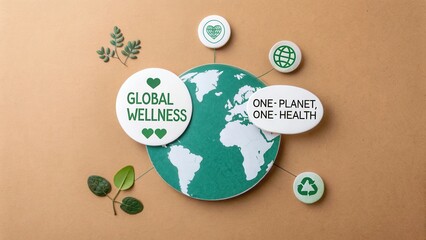 Global wellness concept with earth, heart symbols, and sustainability message on a brown paper background