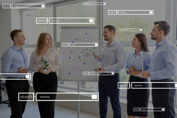 Business people with wind turbine models and plant during meeting in office. Green energy concept