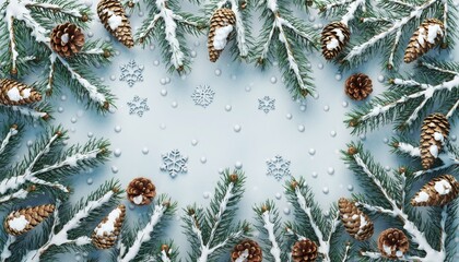 Festive Christmas Holiday Decoration with Pine Cones and Snowflakes.