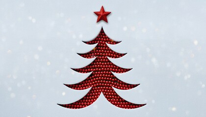 Christmas Tree Cutout with Red Star and Ornaments on White Background.