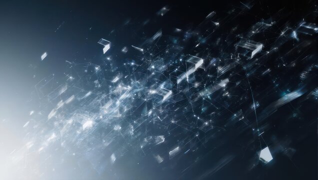 Abstract digital composition of scattered, fragmented, and glowing geometric shapes