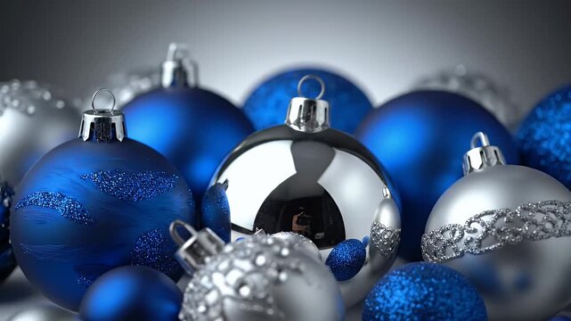 Close Up Of Blue And Silver Christmas Ornaments With Glitter Details On A Gradient Background