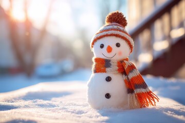 Obraz premium Snowman with Red Knitted Hat and Striped Scarf Standing in Soft Sunrise Snow in Cozy Winter Backyard