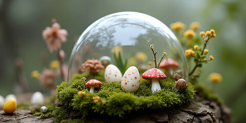 Glass cloche over miniature world moss mushrooms painted eggs spring diorama