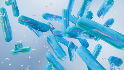 Bacterial Microorganisms Forming a Dynamic Colony, Illustrating Probiotics, Gut Microbiome, Digestive Health, Lactic Acid Bacteria, Lactobacillus and Bifidobacterium, Microscopic Flora, 3d render