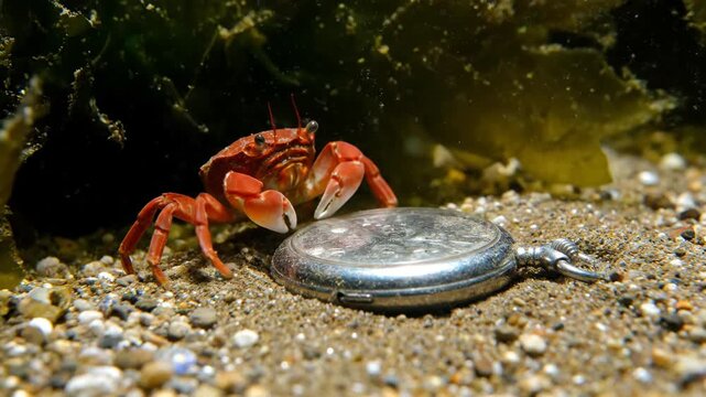 Red crab near a pocket watch underwater in a sandy environment