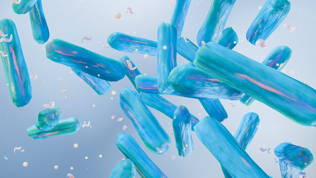 Bacterial Microorganisms Forming a Dynamic Colony, Illustrating Probiotics, Gut Microbiome, Digestive Health, Lactic Acid Bacteria, Lactobacillus and Bifidobacterium, Microscopic Flora, 3d render