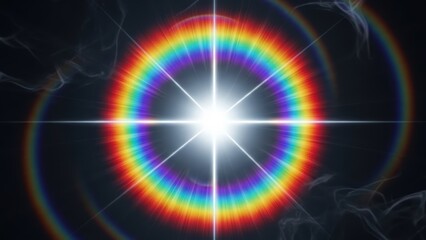 Obraz premium A bright white starburst light with a vibrant rainbow circular lens flare on a dark background.