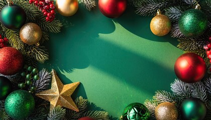 Festive Christmas Ornament Arrangement with Green Background.