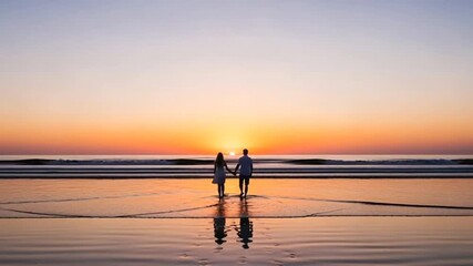 Romantic walk on the beach at sunset capturing serene silhouettes and golden reflections as a - Powered by Adobe