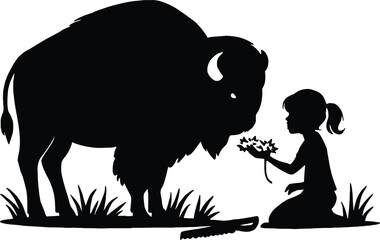 Girl Offering Flowers to Bison Silhouette Illustration