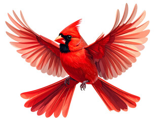 Red Cardinal Bird in Flight with Outstretched Wings, isolated on white transparent background, png element. Northern cardinal symbol of Christmas 