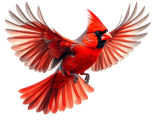Red Cardinal Bird in Flight with Outstretched Wings, isolated on white transparent background, png element. Northern cardinal symbol of Christmas